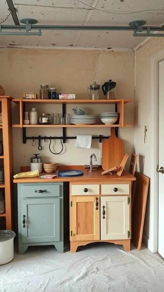 A cozy basement kitchenette with wooden cabinets and open shelving, featuring a mix of colors and kitchenware.