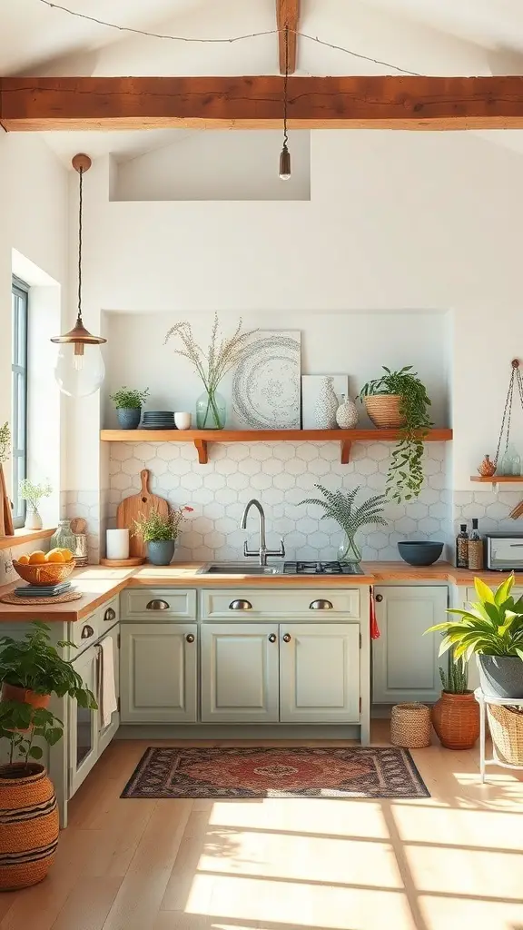 A bright and airy boho kitchen with natural light, open spaces, and plants.