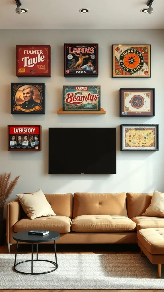 Wall-mounted display of board game boxes above a cozy sofa
