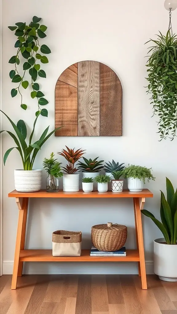 25+ Stunning Entryway Table Decor Ideas You’ll Love 9 A stylish entryway table decorated with various plants and a wooden accent piece.
