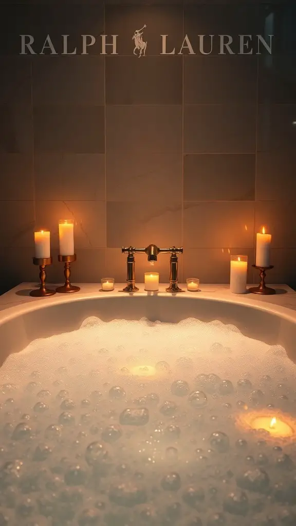Luxurious Ralph Lauren bathtub with bubbles and candles