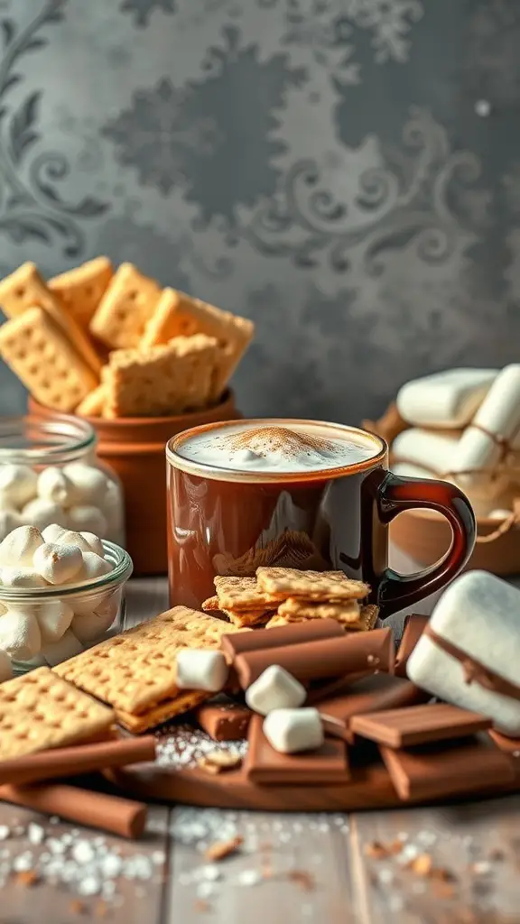 29+ Creative Hot Cocoa Bar Ideas for Cozy Gatherings 14 A cozy hot cocoa bar featuring a cup of hot cocoa, graham crackers, chocolate bars, and marshmallows.