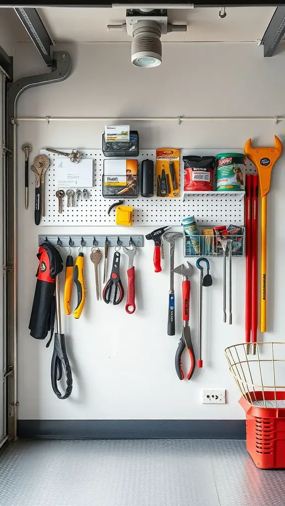 27+ Creative Garage Entryway Ideas for a Stylish Welcome 16 A wall-mounted organizer in a garage displaying various tools and supplies.
