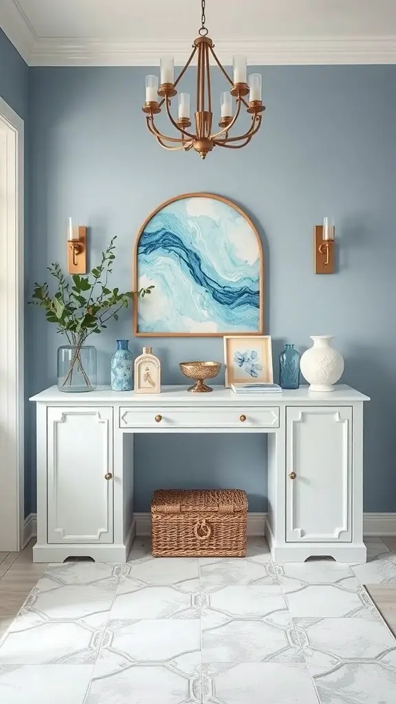 25+ Stunning Entryway Table Decor Ideas You’ll Love 10 A stylish entryway featuring a white table, blue walls, and decorative elements.