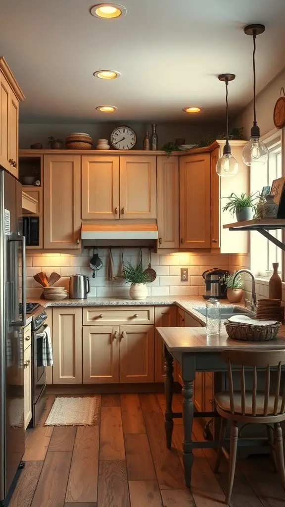 Cozy kitchen with beige cabinets, wooden flooring, and natural light