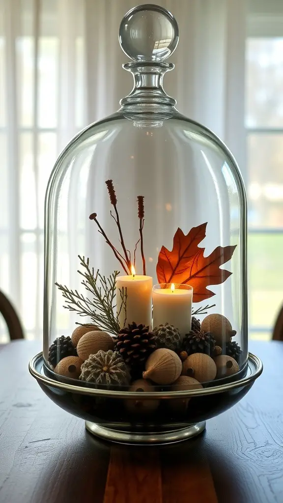 23+ Stunning Dining Table Centerpiece Ideas 11 A glass cloche display featuring candles, pinecones, and autumn leaves on a dining table.