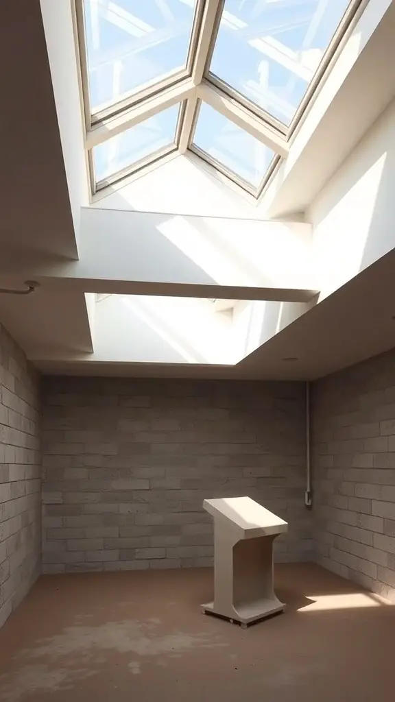 A bright basement with multiple skylights allowing natural light to enter.