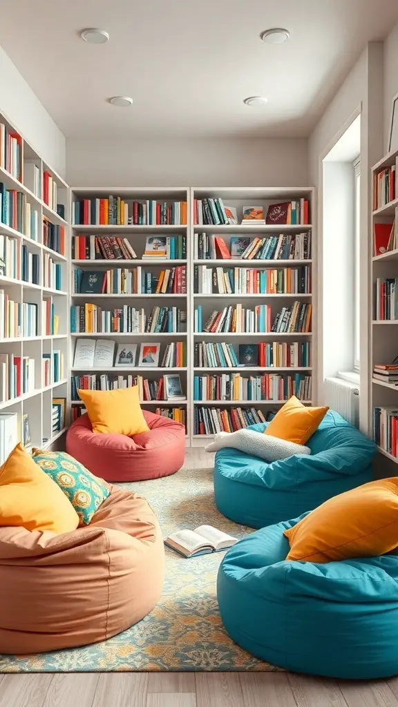 25+ Creative Teen Hangout Spaces to Inspire Fun and Friendship 6 A cozy reading nook with colorful bean bags and shelves filled with books.