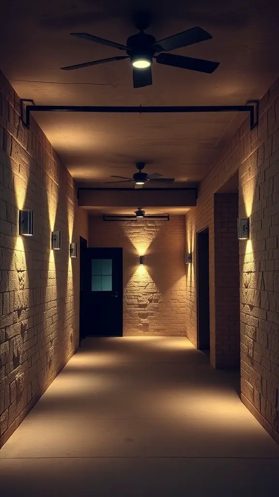 A well-lit hallway with wall-mounted lights highlighting textured brick walls and ceiling fans.