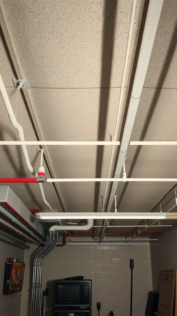 A basement ceiling with suspended panels and visible pipes and wiring.
