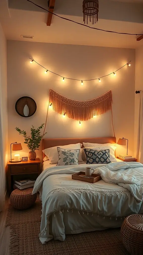 Cozy boho coastal bedroom with warm mood lighting and decorative elements
