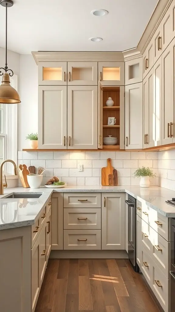 A modern kitchen featuring a corner cabinet with open shelving and light-colored cabinetry.
