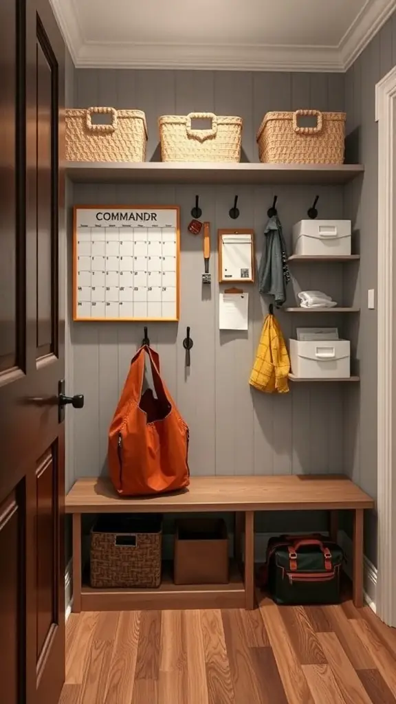 Organized mudroom closet with baskets, hooks, and a calendar for family scheduling.