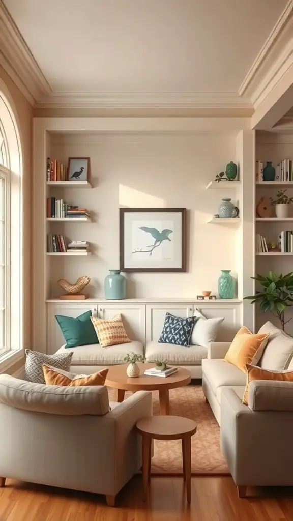 A cozy living room with built-in shelves, featuring books and decorative items, creating a reading nook.