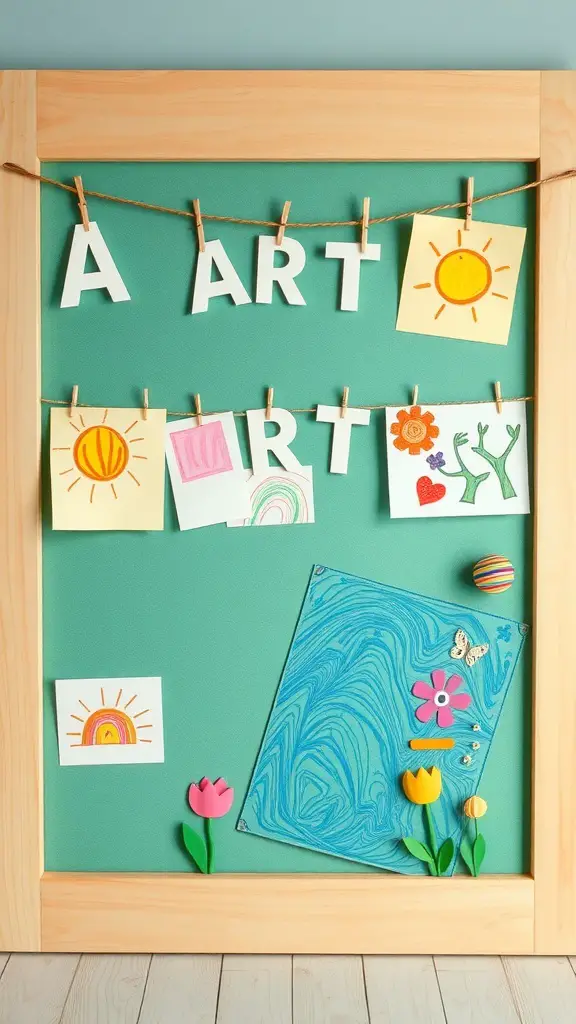 23+ Creative Dollar Tree Cutting Board Crafts You Can Make 13 Colorful children's art display board with drawings and decorations