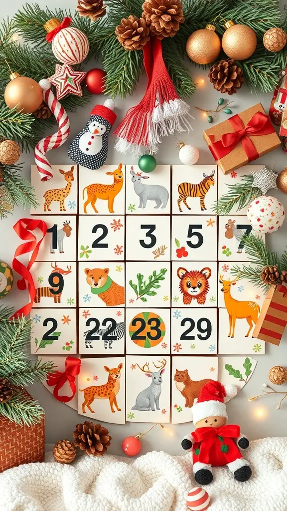 Wild Animal Print Advent Calendar with various animal illustrations and Christmas decorations