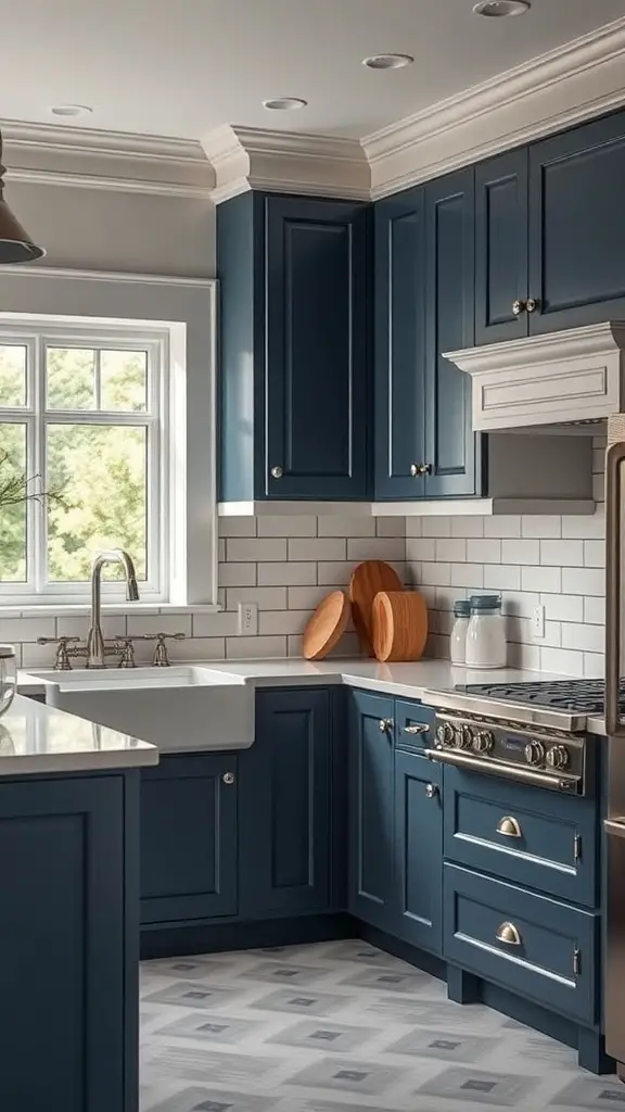 27+ Stunning Dark Blue Kitchen Cabinet Ideas for a Stylish Upgrade 12 A kitchen featuring dark blue cabinets, white subway tiles, and wooden accents.