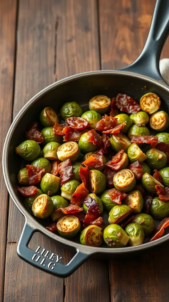 A skillet filled with crispy bacon and sautéed Brussels sprouts.