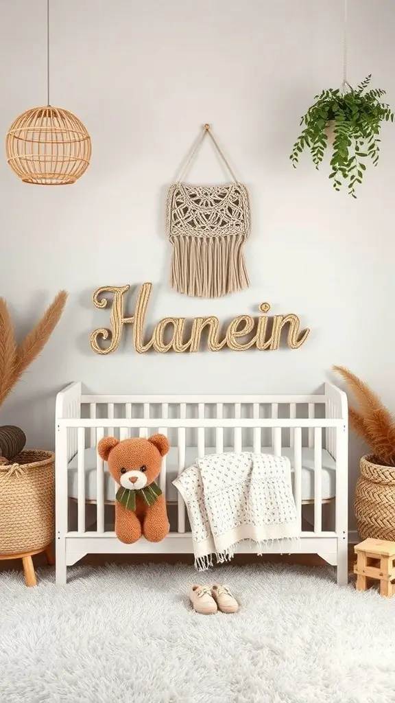 29+ Boho Nursery Decor Ideas for a Cozy and Stylish Space 15 A boho nursery featuring personalized name decor with the name 'Hanein' in a natural tone, a crib, a teddy bear, and macramé wall hangings.