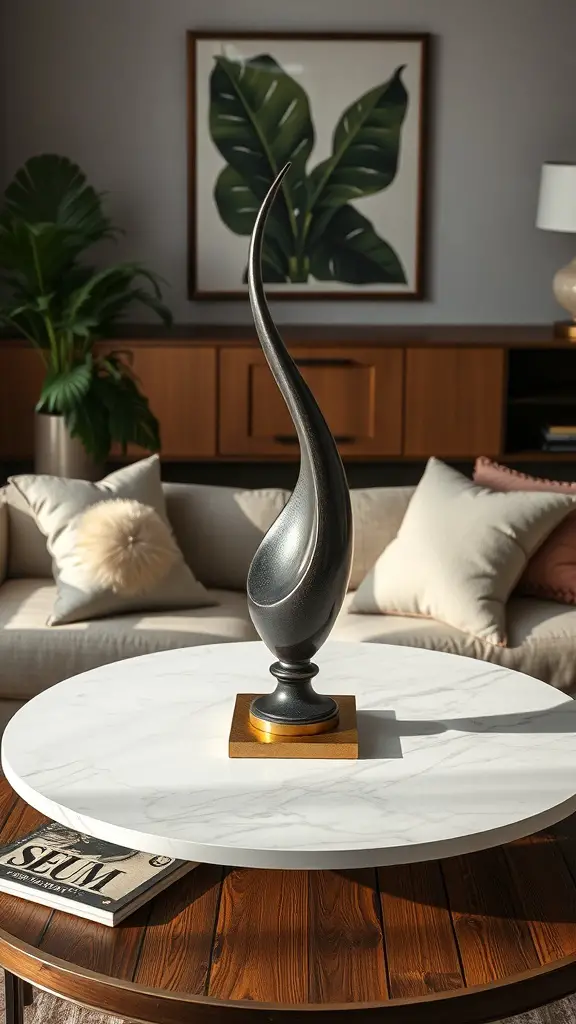 A modern sculpture on a marble coffee table with a cozy living room setting.