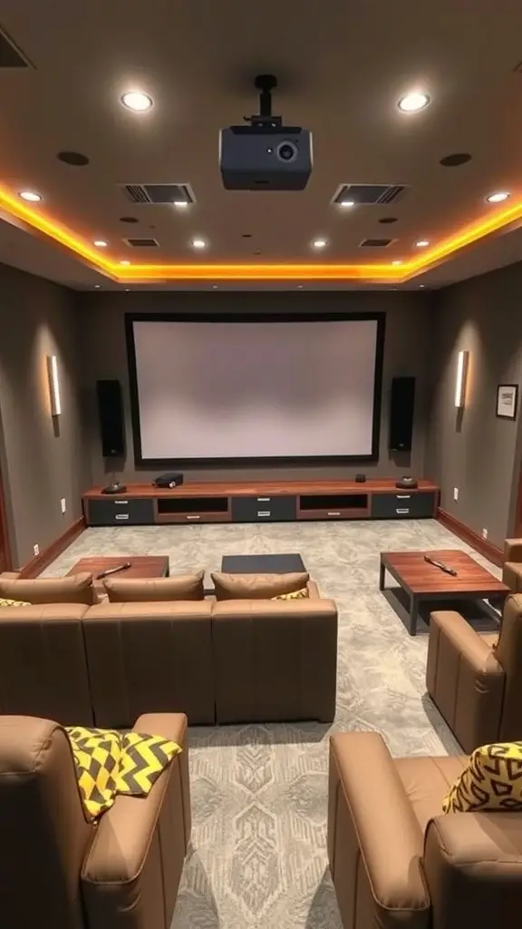 31+ Inspiring Ideas for Your Basement Family Room Makeover 11 A cozy basement home theater setup with plush seating, a large screen, and warm lighting.