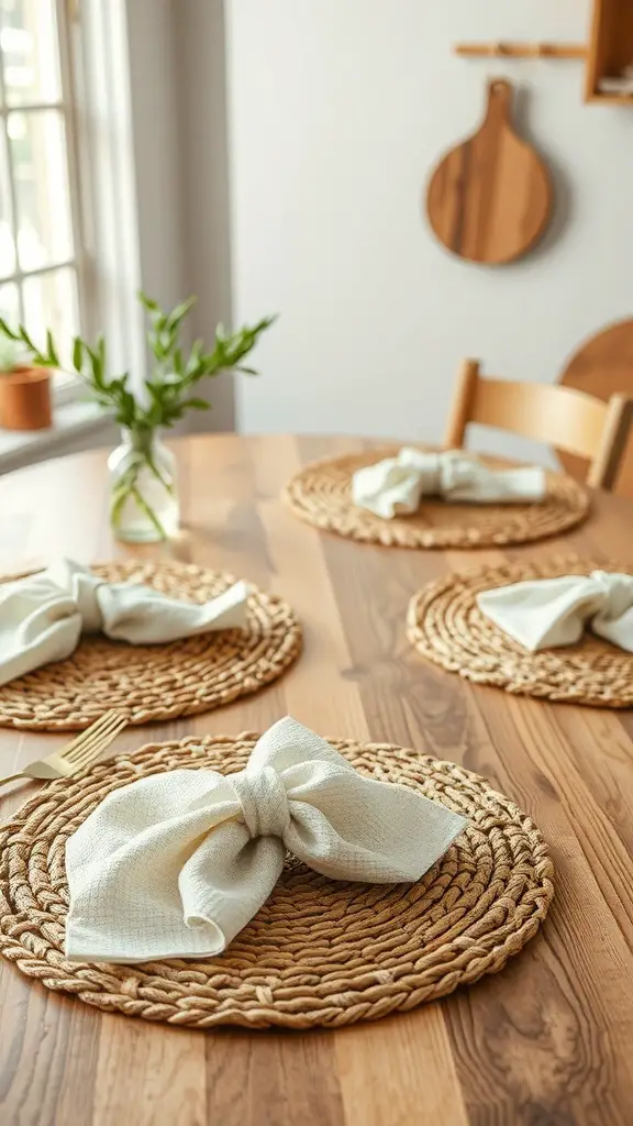 25+ Stunning Kitchen Table Decor Ideas to Elevate Your Space 11 A kitchen table set with woven placemats and fabric napkins, showcasing layered textures.