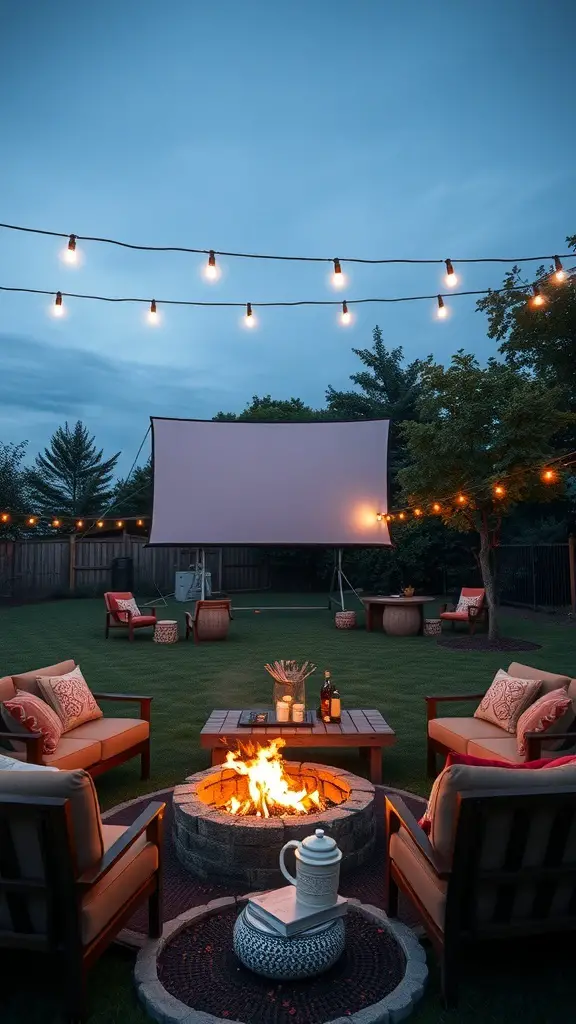 25+ Creative Teen Hangout Spaces to Inspire Fun and Friendship 3 Cozy outdoor movie area with string lights, fire pit, and comfortable seating.