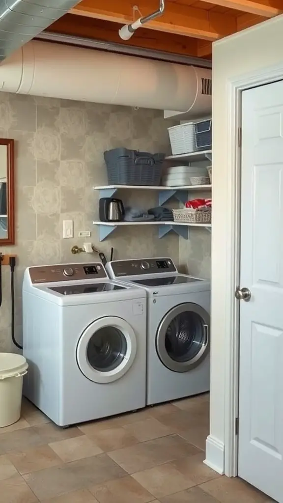 25+ Budget-Friendly Unfinished Basement Ideas to Transform Your Space 4 A functional laundry area in a basement with modern appliances and organized storage.