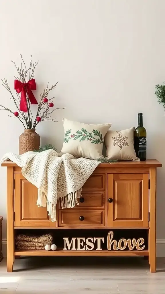 23+ Beautiful Christmas Sideboard Decor Ideas to Transform Your Home 14 A cozy sideboard decorated with a blanket, pillows, and festive accents for Christmas.
