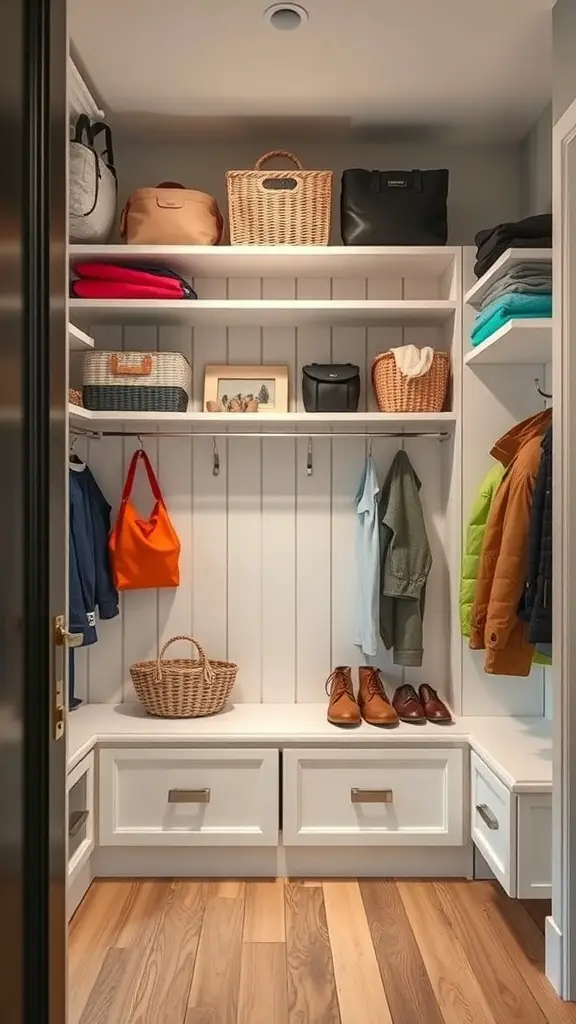 A well-organized mudroom closet featuring customizable shelving, hooks, and drawers.