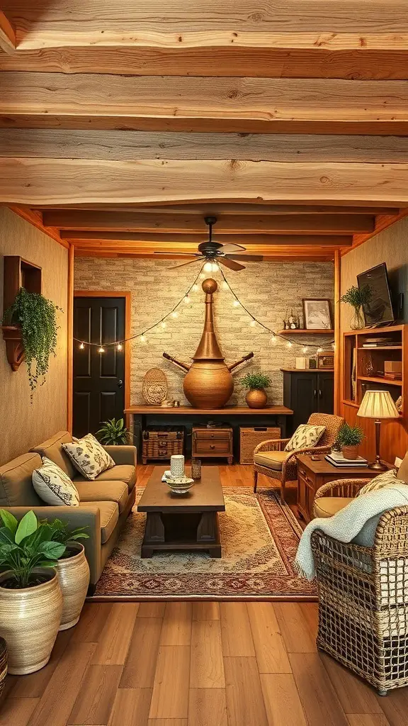 25+ Stunning Boho Basement Ideas to Transform Your Space 9 Cozy basement with natural wood accents, featuring wooden ceiling, furniture, and warm decor.