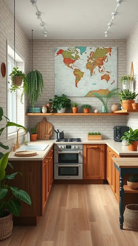 A sustainable kitchen featuring green plants, wooden cabinets, and a world map on the wall.