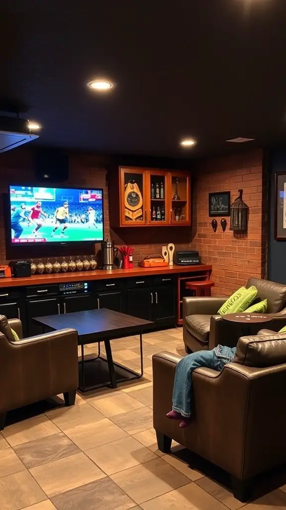 Cozy basement bar with a TV, seating, and a warm atmosphere for family game nights.