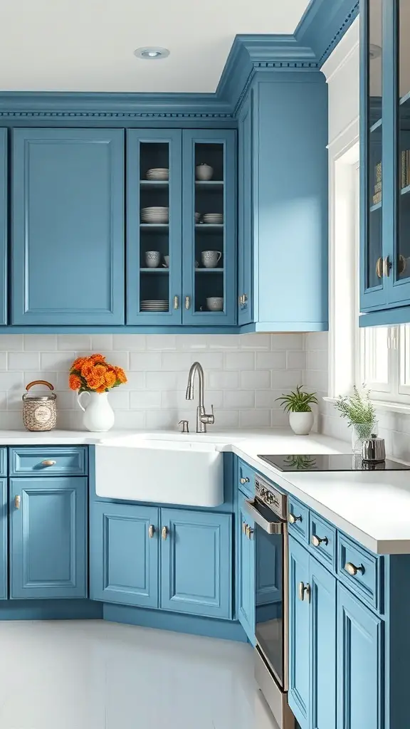 29+ Stunning Ideas for Blue Kitchen Cabinets 5 A kitchen with ocean blue cabinets and white countertops, featuring glass-front cabinets and decorative plants.