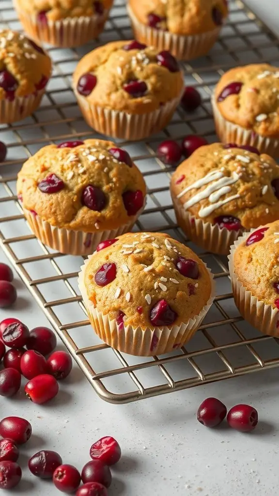 23+ Delightful Christmas Sweet Ideas You Must Try This Holiday Season 4 Freshly baked spiced cranberry orange muffins on a cooling rack with cranberries scattered around.
