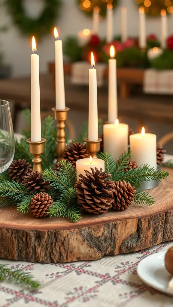 29+ Rustic Christmas Table Décor Ideas for a Cozy Holiday Celebration 4 A rustic Christmas table centerpiece featuring a wooden slab with candles and pinecones.