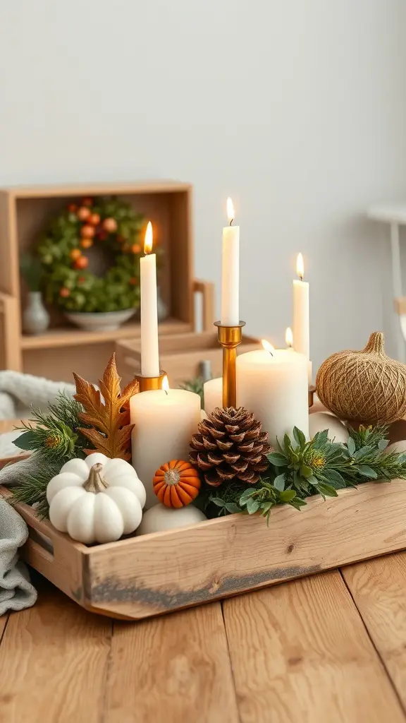 29+ Gorgeous Dollar Tree Centerpieces You Can Create for Any Occasion 13 A farmhouse style centerpiece featuring candles, pumpkins, pinecones, and greenery in a wooden tray.