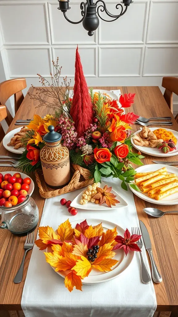 29+ Stunning Dining Room Table Decor Ideas 9 A beautifully decorated dining table for fall with vibrant flowers, autumn leaves, and seasonal dishes.