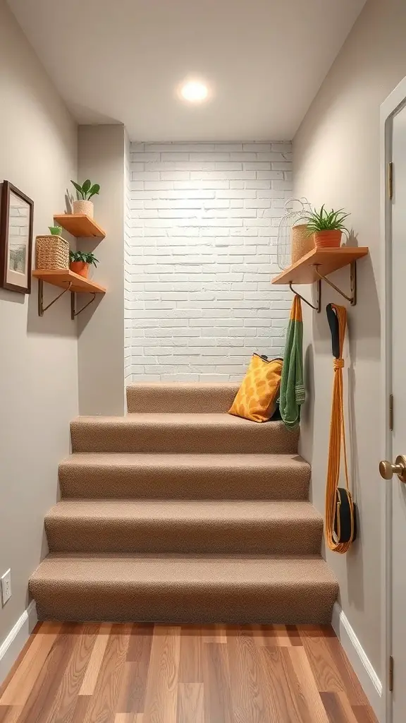 Cozy basement stairs with wall-mounted shelves and decorative items