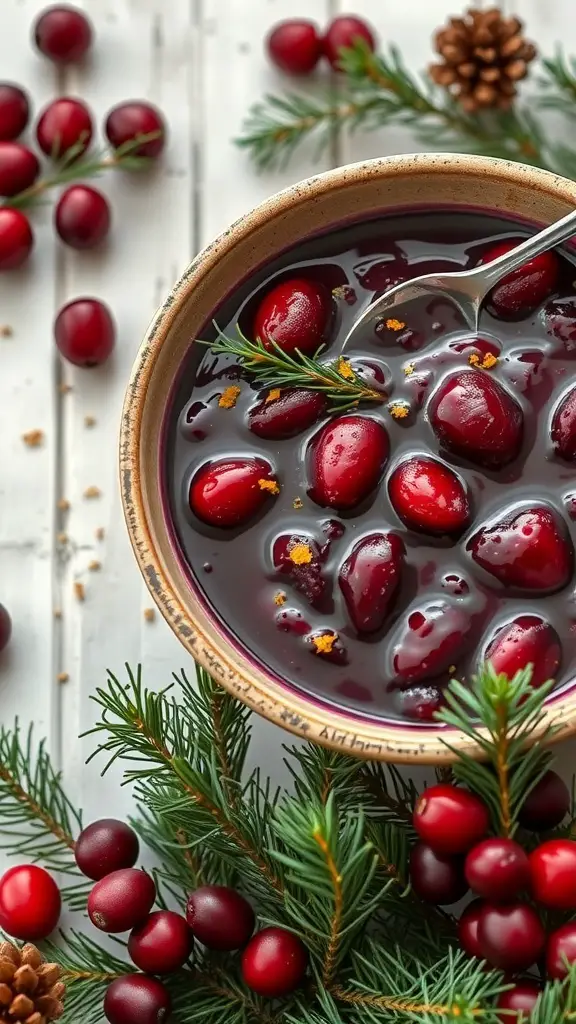A bowl of spiced cranberry sauce with fresh cranberries and rosemary on a wooden table