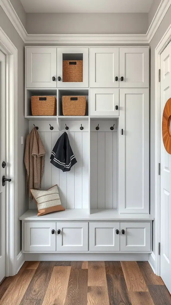 Stylish mudroom locker with storage baskets and hooks in a gray and white entryway.