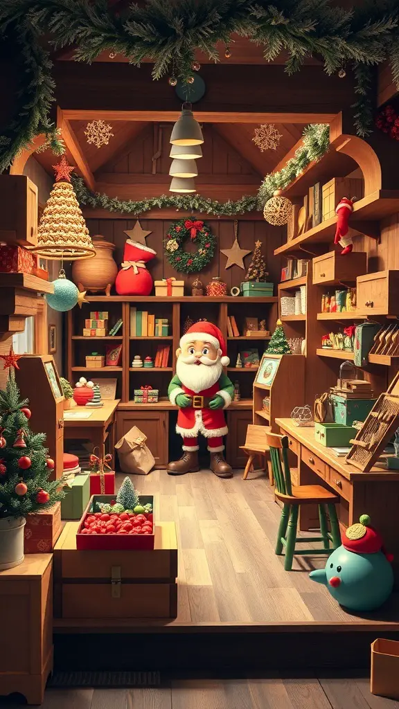 27+ Stunning Christmas Shop Decorations You Need This Season 9 A cozy Santa's workshop filled with Christmas decorations, featuring Santa Claus in a festive setting.