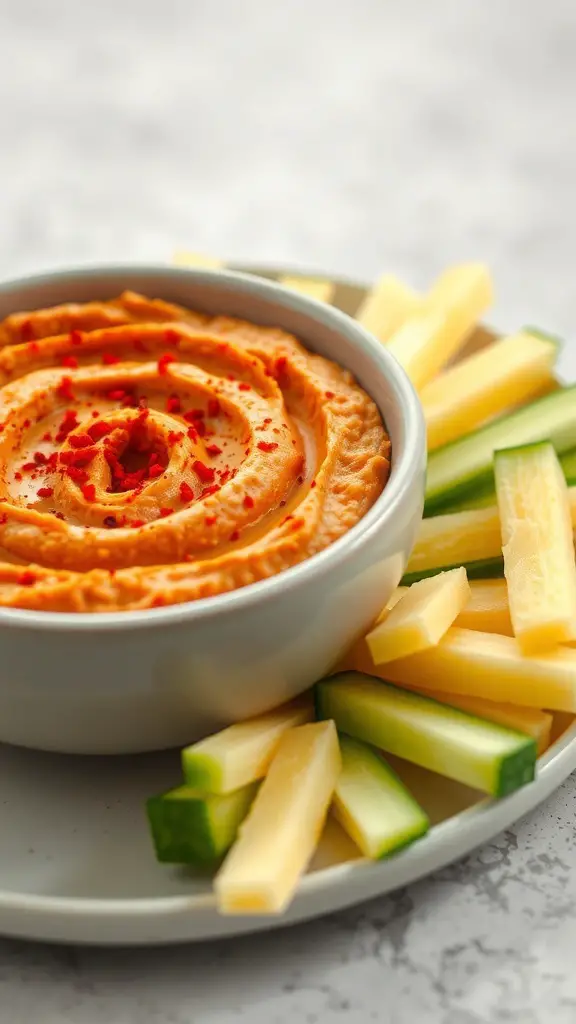 A bowl of roasted red pepper hummus surrounded by cucumber and bell pepper sticks.