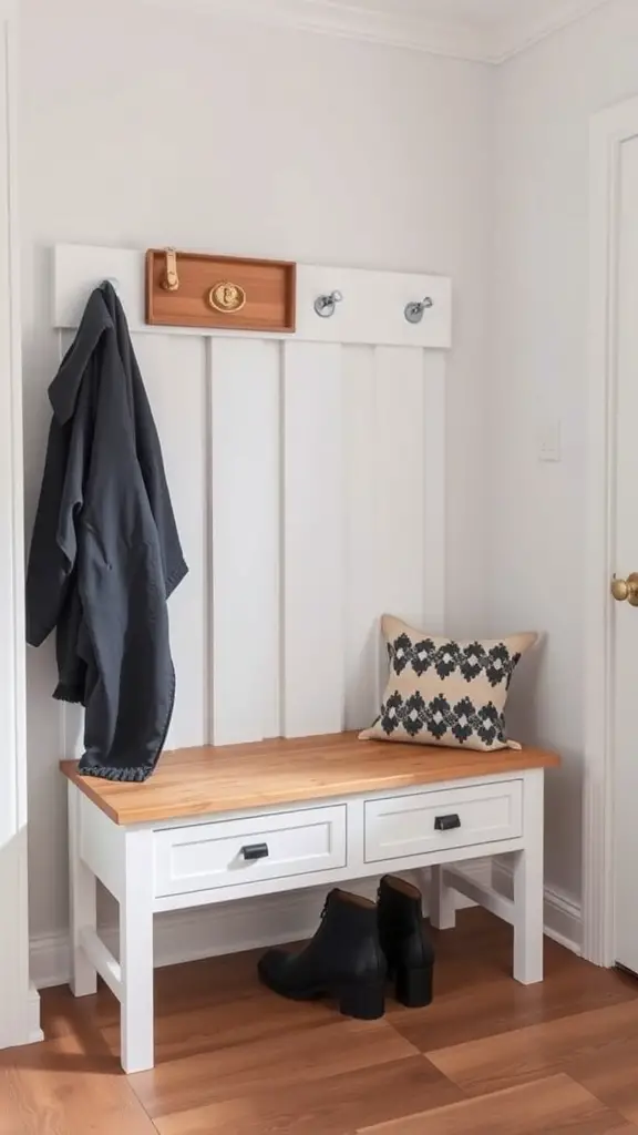 25+ Inspiring DIY Mudroom Bench Ideas to Revamp Your Space 11 A compact mudroom bench with storage drawers and hooks for coats.