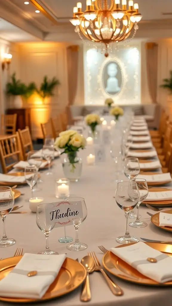 29+ Stunning Dining Room Table Decor Ideas 13 A beautifully arranged dining table with personalized place settings, gold plates, glasses, and candles.