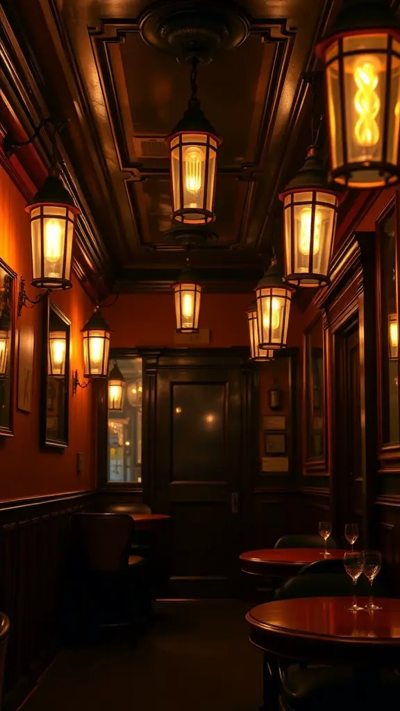 Art Deco lighting fixtures in a cozy basement setting