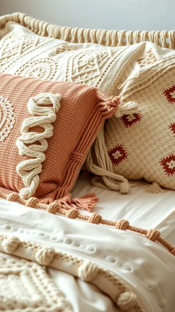 27+ Boho Bedding Ideas to Transform Your Bedroom Style 9 Close-up of macrame accent pillows on a bed, showcasing intricate designs and warm colors.