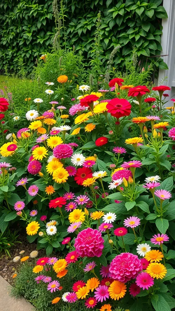 A colorful cottage garden filled with vibrant flowers like zinnias and daisies, surrounded by lush green foliage.