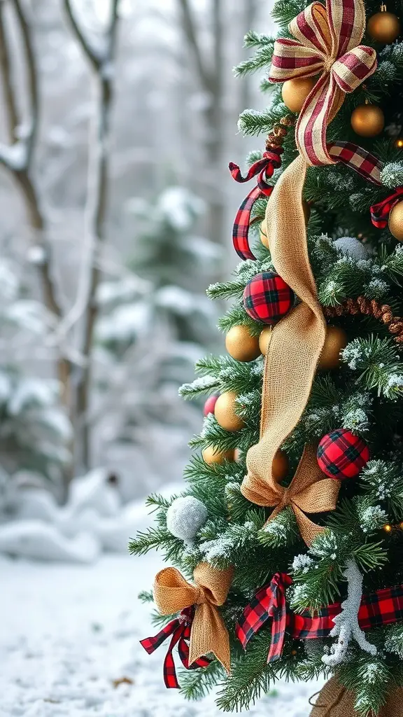 A beautifully decorated Christmas tree with rustic elements, featuring plaid ribbons and golden ornaments, set against a snowy background.