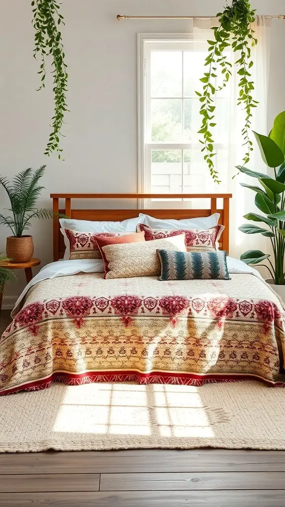 27+ Boho Bedding Ideas to Transform Your Bedroom Style 4 A cozy boho-style bedroom featuring a bed with patterned bedding and indoor plants.